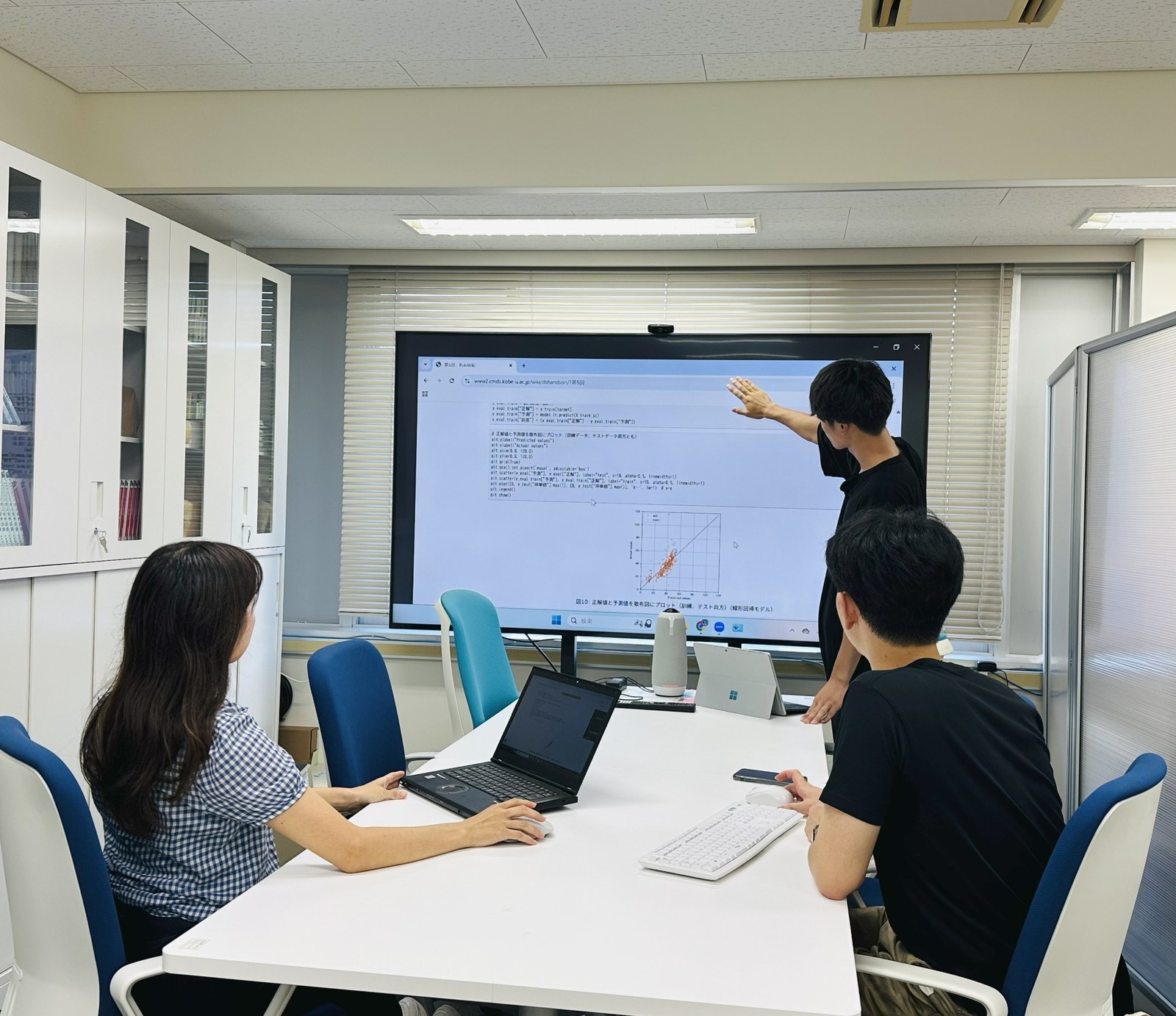 研究室で研究内容を検討している様子